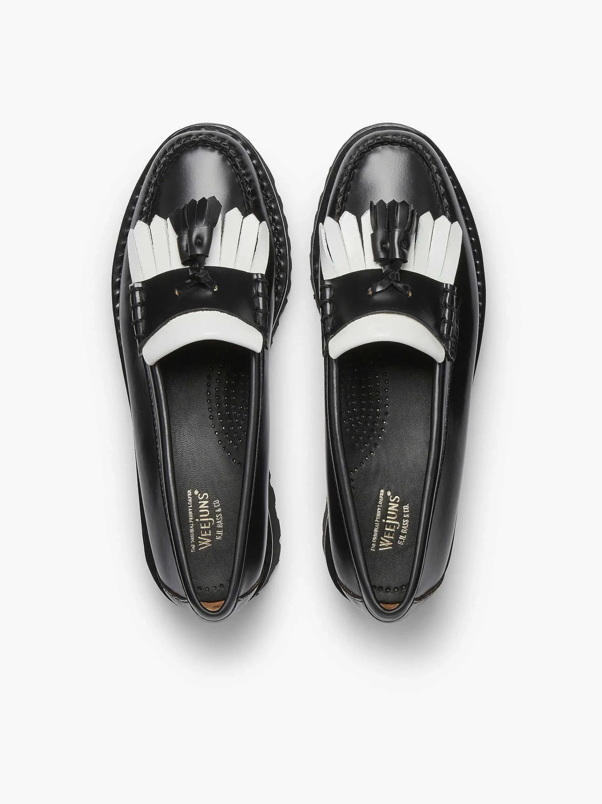 G.H.BASS Weejuns 90S Esther Kiltie Tassel Loafers Black & White Clearance