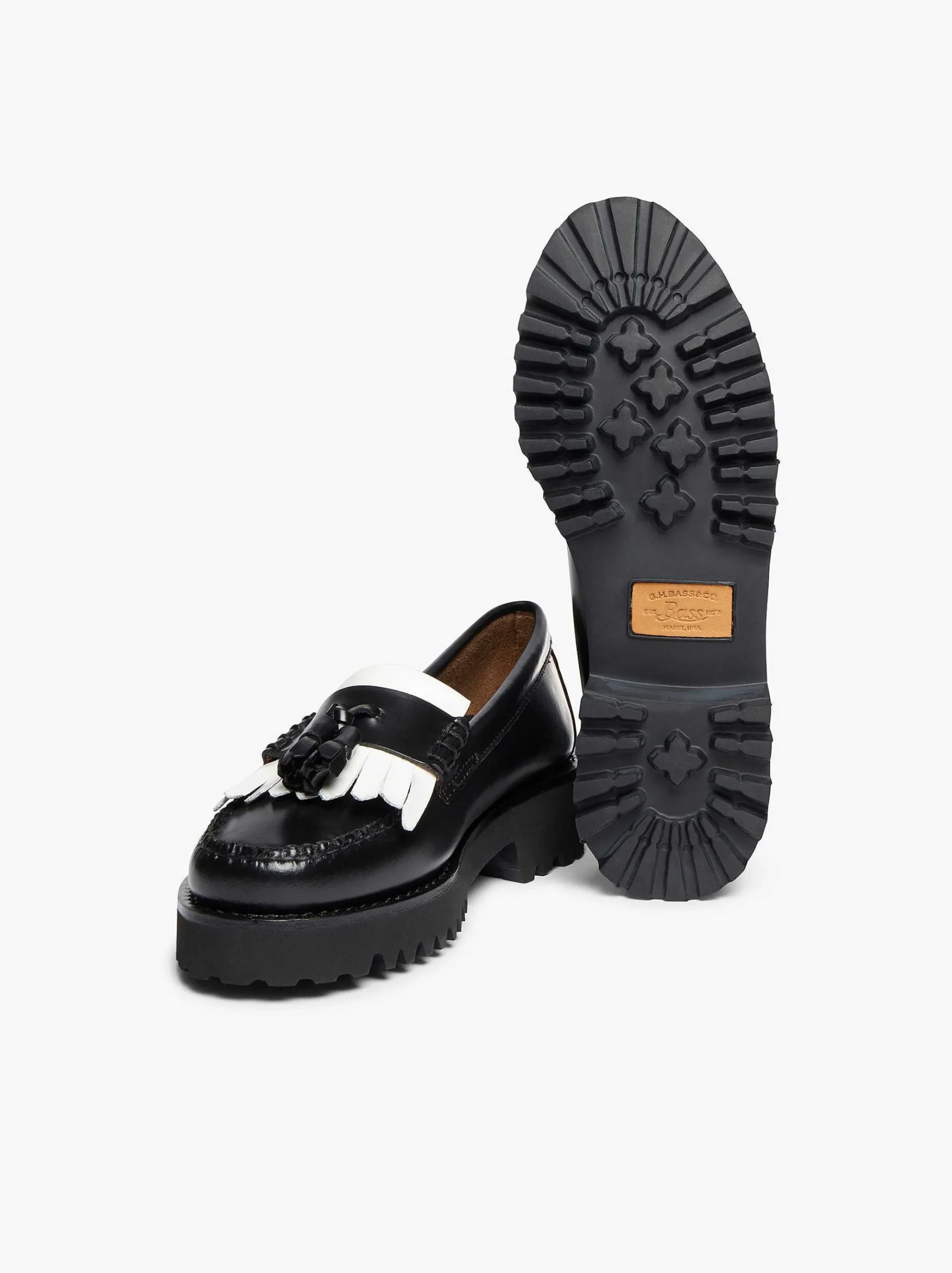 G.H.BASS Weejuns 90S Esther Kiltie Tassel Loafers Black & White Clearance